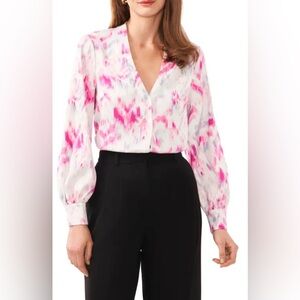 Halogen Button Down V Neck Patterned Blouse Size 3X